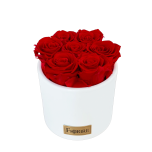 7 punast roosi keraamilises vaasis metallist logoga