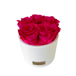 5 erkroosat roosi valges keraamilises vaasis logoga