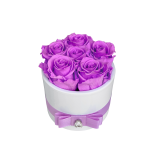 6 purple roses in ceramic vase