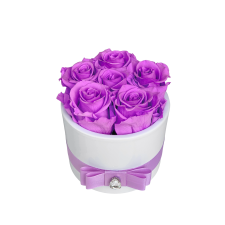 6 purple roses in ceramic vase