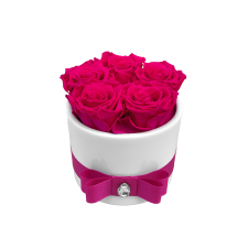 5 bright pink roses in white vase