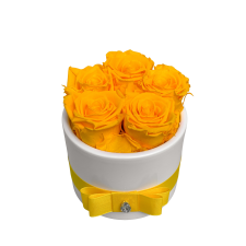 5 yellow roses in white vase