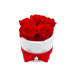 5 punast roosi valges keraamilises vaasis