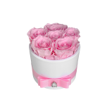 6 light pink roses in ceramic vase