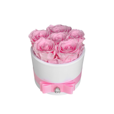 6 light pink roses in ceramic vase