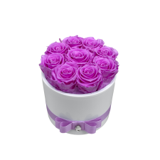 9 purple roses in ceramic vase