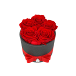 5 punast roosi tumehallis keraamilises vaasis