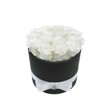 15 white roses in dark vase