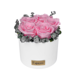5 heleroosat roosi eukalüptiga keraamikas (logoga)